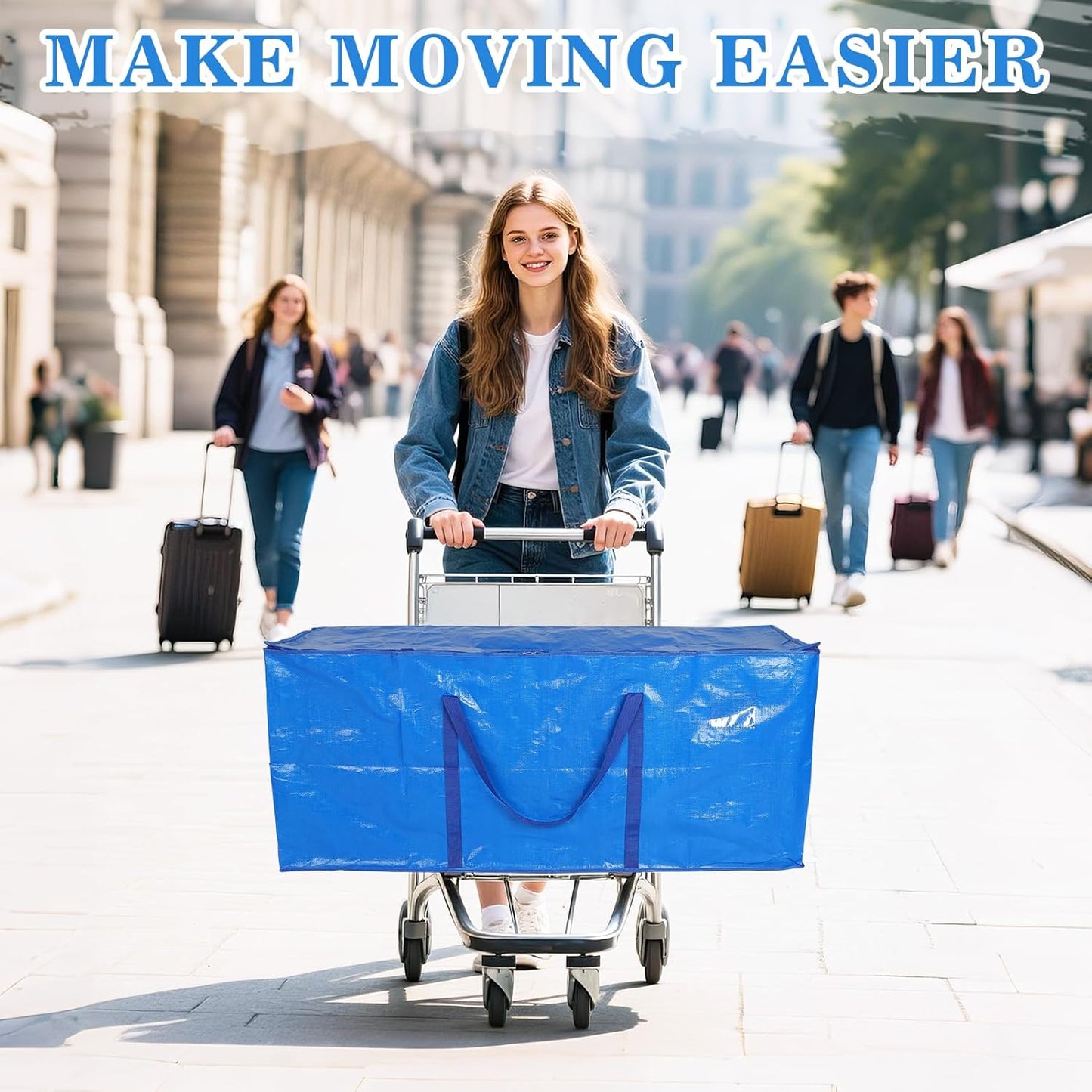Bigmeta 66 Gallon Extra Large Moving Bags - Heavy Duty Zippered Storage Bag for Travel & Home Use, Blue