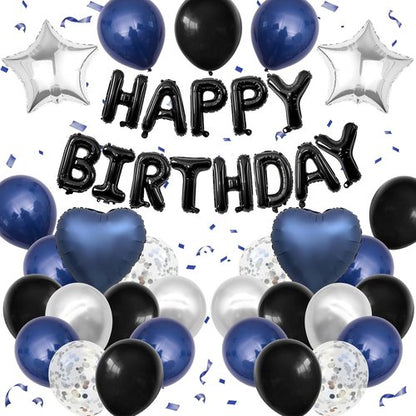 Happy Birthday Decorations | Navy Blue & Black Balloons with Silver Confetti - Perfect for Men & Women