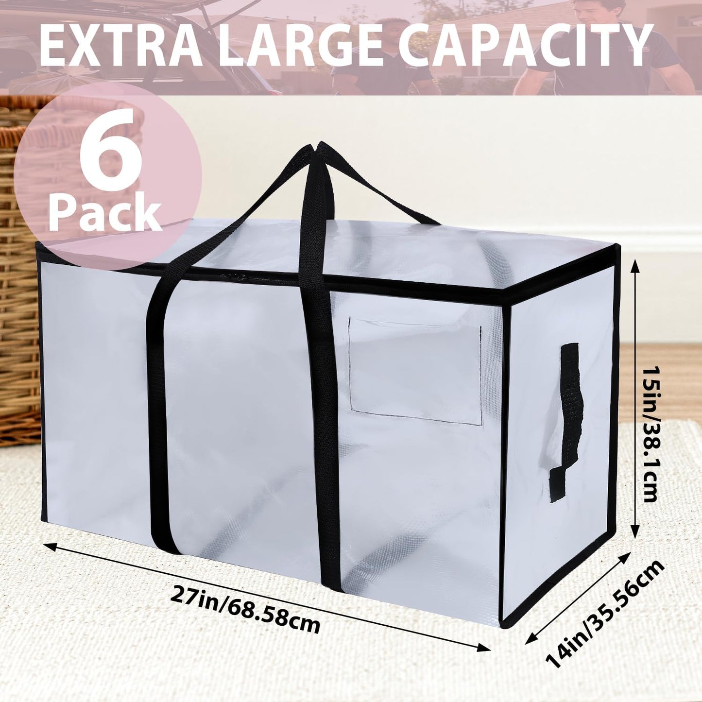 Skiennix Heavy-Duty Extra Large Moving Bags - Waterproof Storage Totes with Handles & Zippers | 6 Pack (Clear)