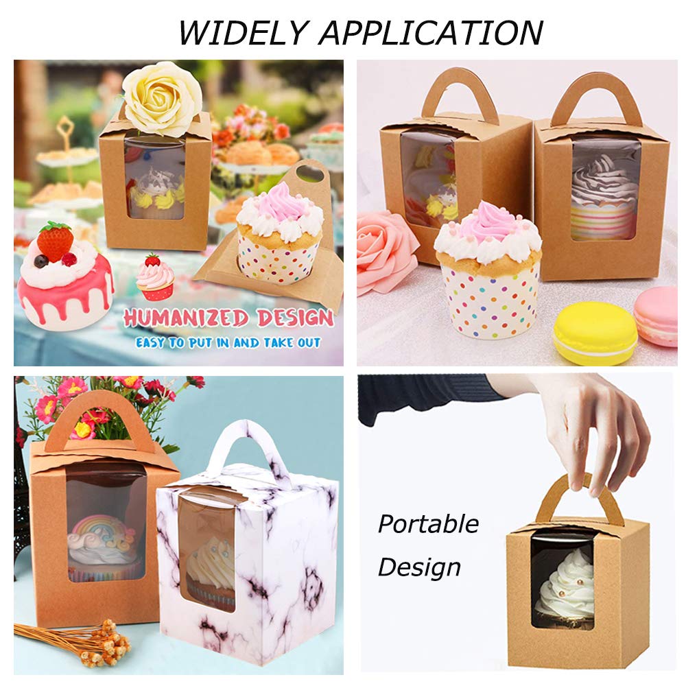 30 Pcs Cupcake Boxes Individual Kraft Paper Single Cupcakes Containers with Window Insert and Handle for Wedding Birthday Party Favor Packaging