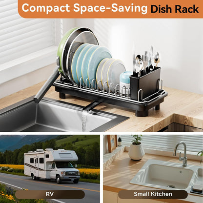 Small Dish Drying Rack by [Brand Name] - Compact Kitchen Drainer with Adjustable Back Slots | Space-Saving Black Design