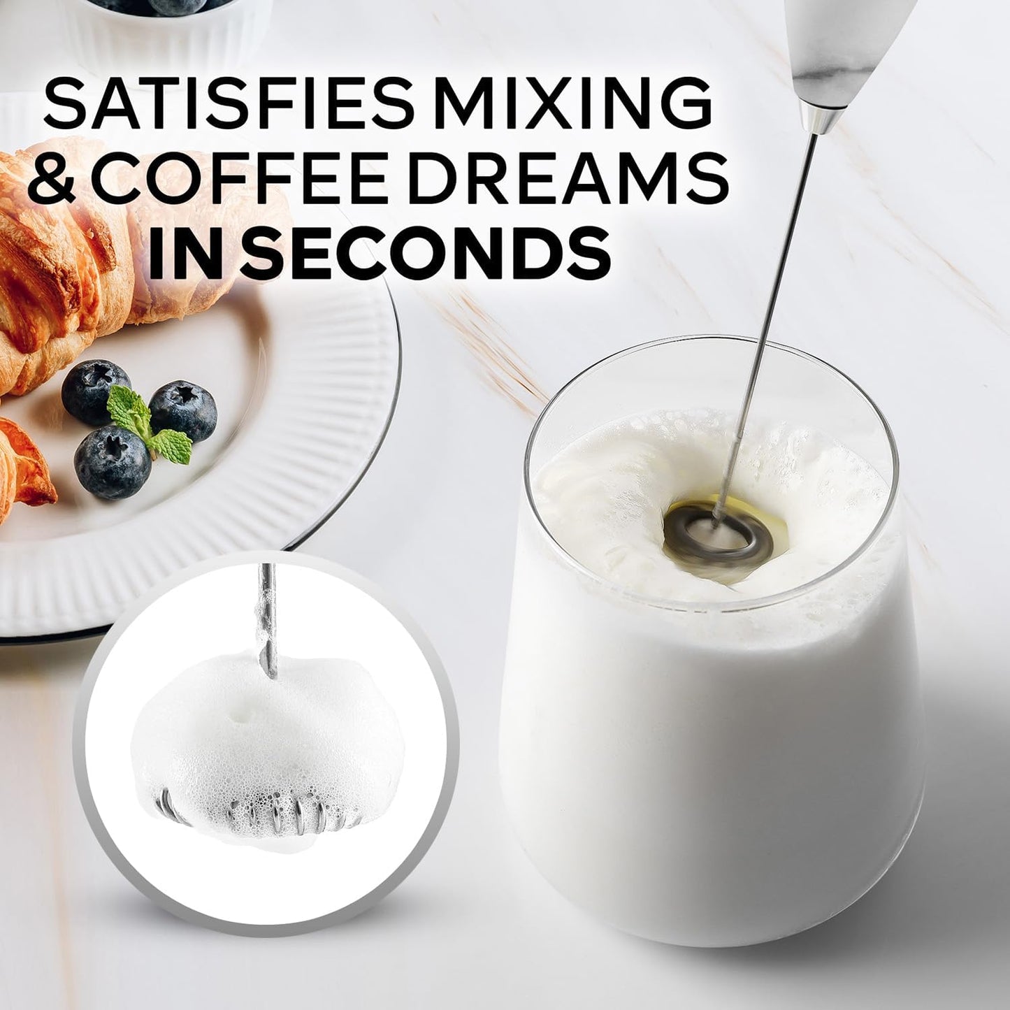 Zulay Kitchen Milk Frother Wand - Ultra Fast Handheld Electric Whisk for Coffee & Lattes - Marble Finish