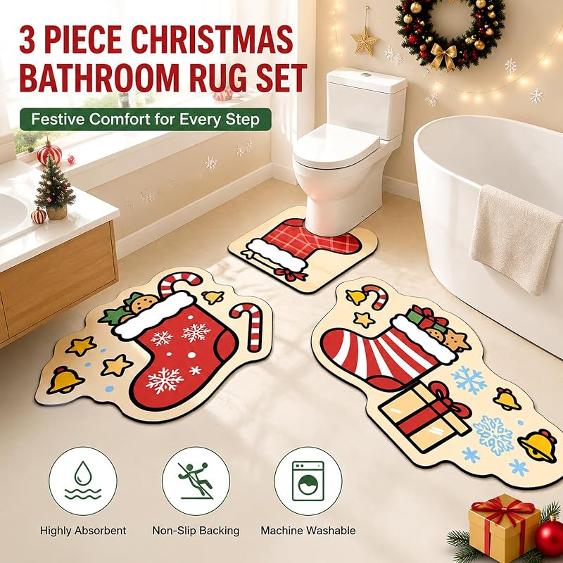 Dfl YE 3 Piece Novelty Christmas Bathroom Rug Set - Non-Slip Absorbent Bath Mats (Variation D)