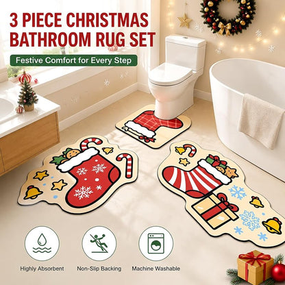 Dfl YE 3 Piece Novelty Christmas Bathroom Rug Set - Non-Slip Absorbent Bath Mats (Variation D)