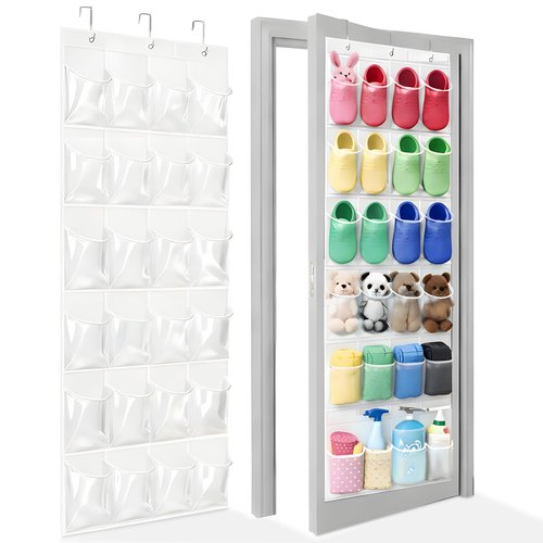 Bofoho Over the Door Shoe Organizer with 24 Crystal Clear Pockets and Metal Hooks – Heavy Duty Hanging Shoe Storage Rack for Closet, Bathroom, Dorm – Space Saving for Shoes, Accessories, Toys (White)