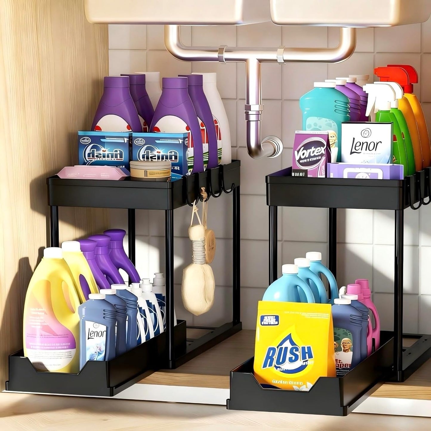 Under Sink Organizers by [Brand Name] - 2 Pack Pull-Out Sliding Cabinet Organizer with 2-Tier Storage Shelf & 4 Hooks | Multi-Purpose for Kitchen & Bathroom (13 Inch, Black)