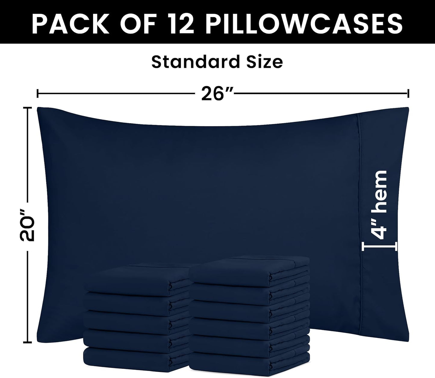 Utopia Bedding Standard Pillow Cases - 12 Pack - Soft Brushed Microfiber - Navy, 20 X 26 Inches