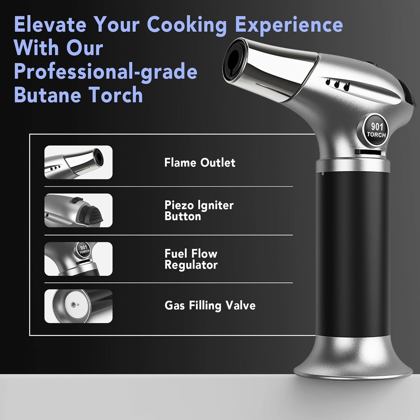 Sondiko Butane Torch Lighter - Refillable Creme Brulee Torch with Adjustable Flame & Safety Lock