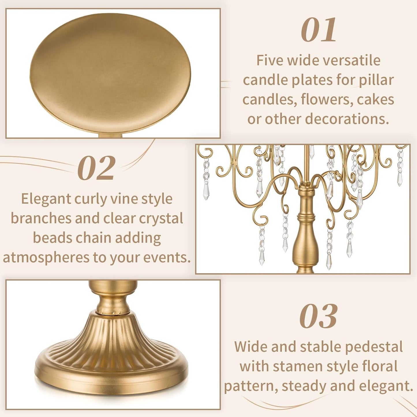 Sziqiqi Gold Candelabra Centerpiece - 5 Arm Pillar Candle Holder with Crystal Beads for Weddings & Holidays