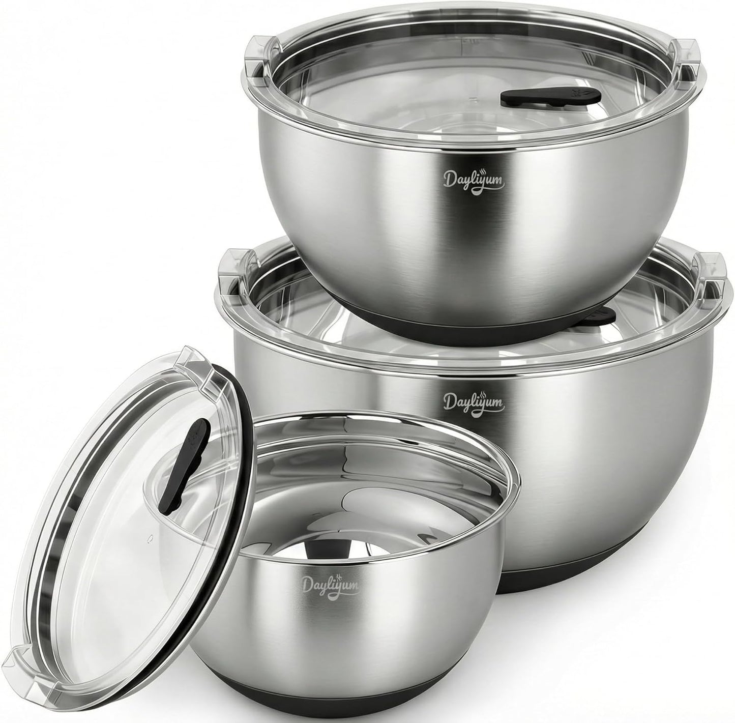 Stainless Steel Mixing Bowls Set by [Brand Name] - Airtight Lids, Non-Slip Base, 3 Sizes (1.5/3/5 QT) | Ideal for Food Prep & Storage