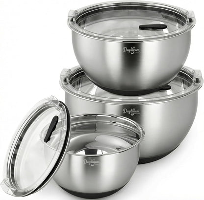 Stainless Steel Mixing Bowls Set by [Brand Name] - Airtight Lids, Non-Slip Base, 3 Sizes (1.5/3/5 QT) | Ideal for Food Prep & Storage