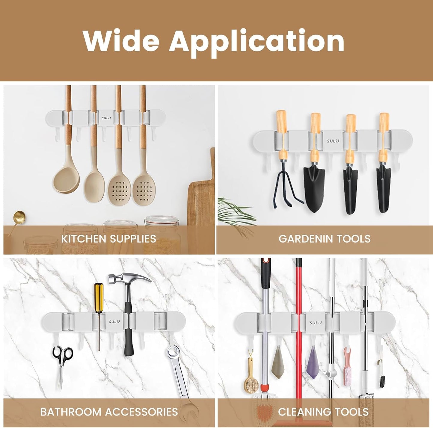 Broom Holder Wall Mount by 2Pcs - No-Drilling Self-Adhesive Storage Rack with Hooks | White, 4 Racks & 5 Hooks