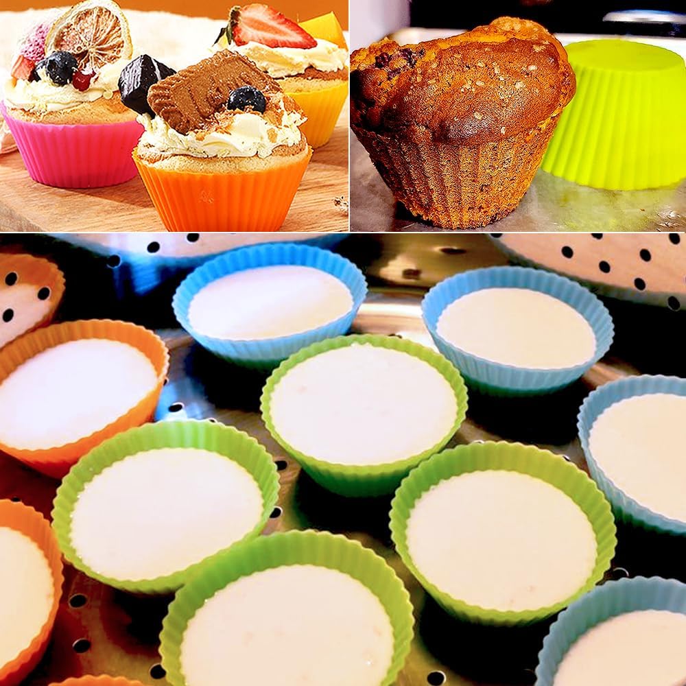 Skiennix Extra Large Silicone Muffin Cups - 12 Pack, 3.54 Inch Reusable Baking Liners | Multicolor