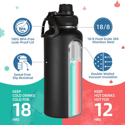 Volhoply 32 oz Insulated Water Bottles - 4 Pack with Straw & Spout Lids | Stainless Steel, Leakproof Design for Hiking & Camping