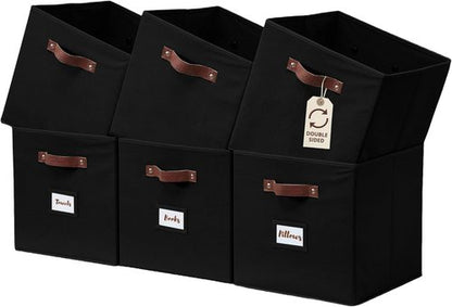 DECOMOMO Storage Bins - Fabric Cube Storage Bins with Labels for Shelves | 10.5" x 11" | Black (6pcs)
