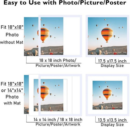 JCJMY 18x18 Picture Frame - White Wall Display with 14x14 Mat & Shatter Resistant Plexiglass