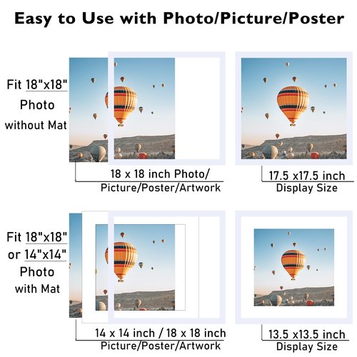 JCJMY 18x18 Picture Frame White with 14x14 Mat, Display Photo 14x14 with Mat or 18 x 18 Without Mat, Wall Hanging Large 18x18 Poster Frame with Shatter Resistant Plexiglass, White