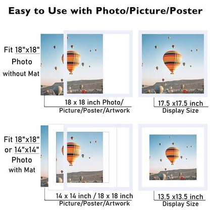 JCJMY 18x18 Picture Frame White with 14x14 Mat, Display Photo 14x14 with Mat or 18 x 18 Without Mat, Wall Hanging Large 18x18 Poster Frame with Shatter Resistant Plexiglass, White