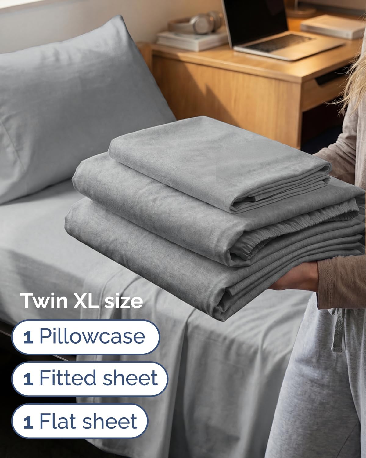 Skiennix Twin XL Sheet Set - Comfy Cooling 3-Piece Bedding - Luxury Grey Hotel Quality for All Ages