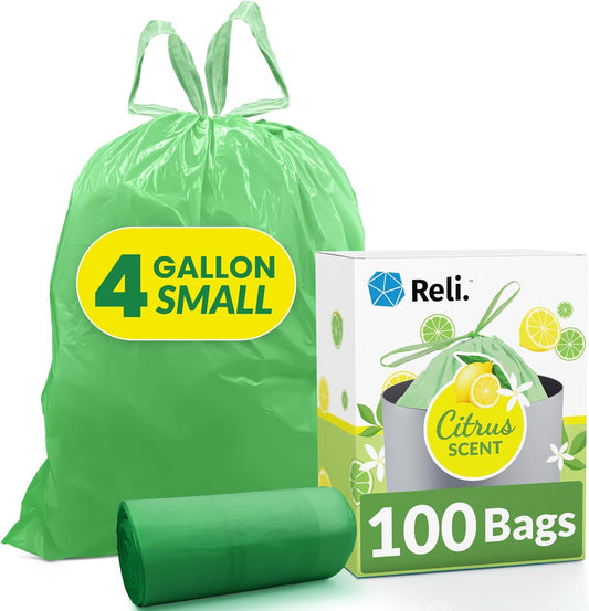 Reli. Citrus Scented Drawstring Trash Bags - 4 Gallon, 100 Count | Ideal for Bathroom Use