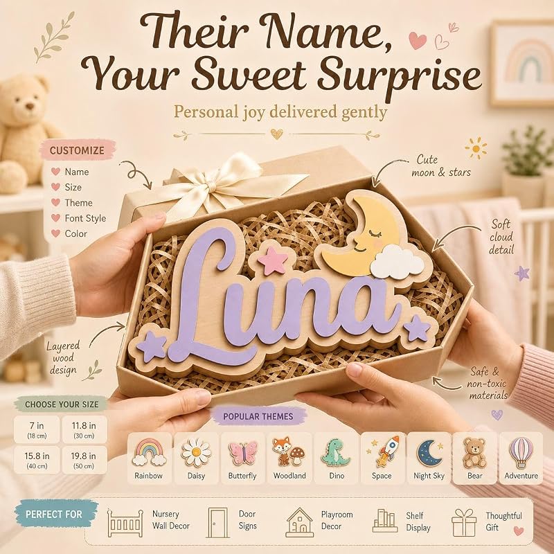 Custom Name Sign for Nursery & Kids Room - 3D Layered Wooden Door Sign (S1) - Personalised