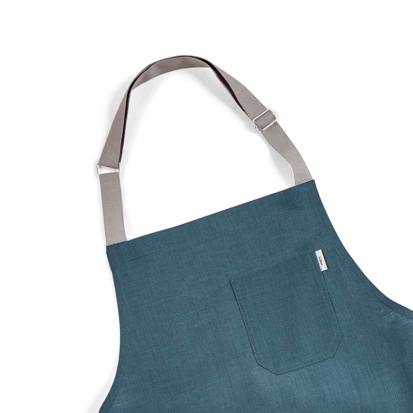 Solino Home Linen Bib Apron for Men & Women - Peacock Blue/Soft Grey Kitchen Apron with Front Pockets - Handcrafted from European Flax
