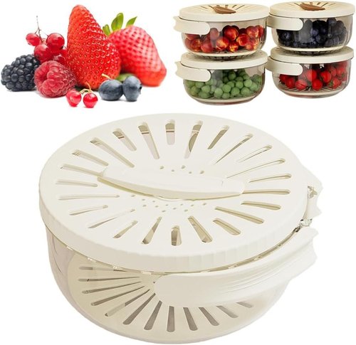 2025 Upgrade New Kitchen Draining Basket, Multi-use Fruit and Vegetable Washing Bowl with Handle, 2 in 1 Draining and Preservation Container with Strainer and Lid (White,1)