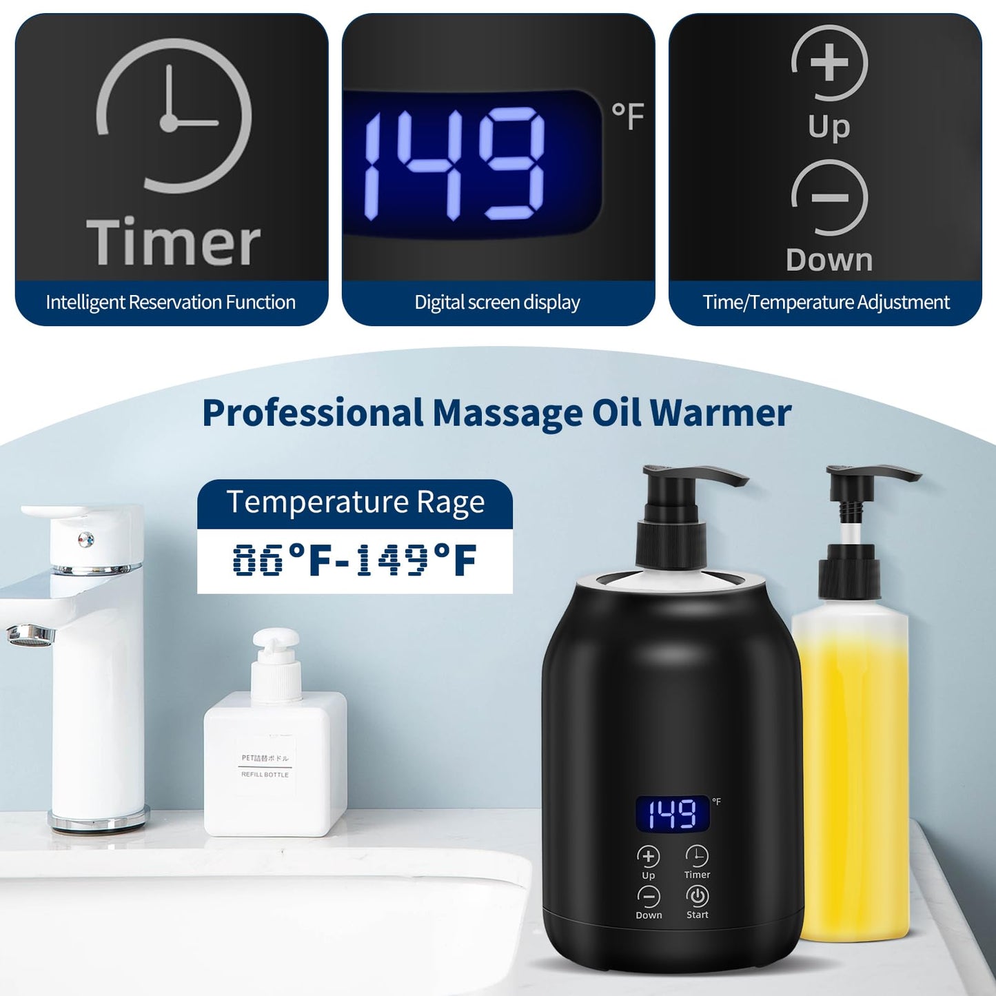 Massage Oil Warmer, Yofuly Electric Massage Oil Digital Heater with Two Oil Bottles, Portable Body Lotion Warmer Cream Heated Dispenser for SPA, Salon and Home Use, Black