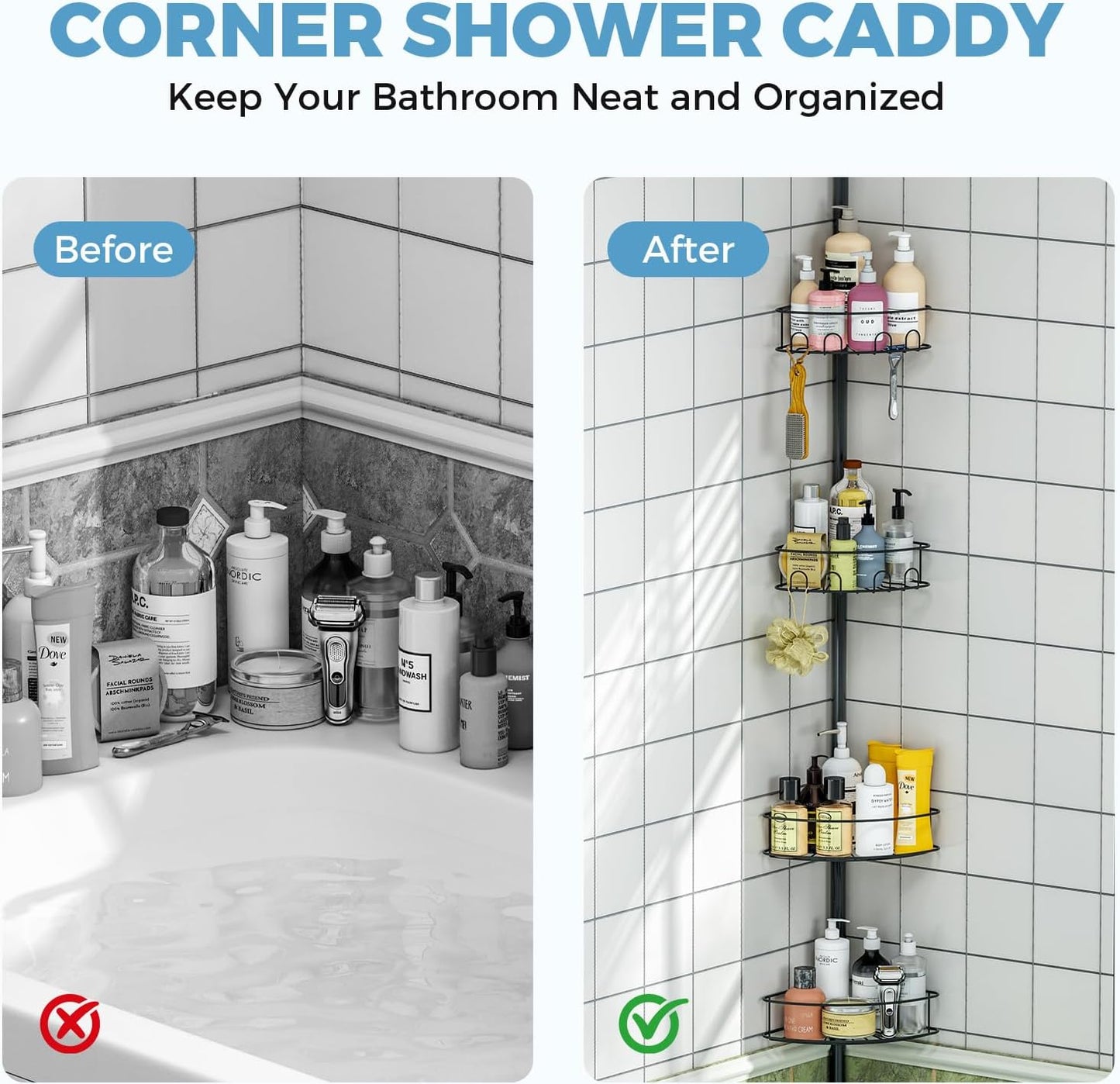 Skiennix Corner Shower Caddy - 4-Tier Adjustable Bathroom Organizer with Hidden Hook & Towel Holder | 63.7-119 Inch, Black