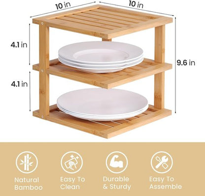 Bamboo Corner Shelf - 3 Tier Kitchen Cabinet Organizer for Plates & Dishes | Natural Finish, 2 Pack
