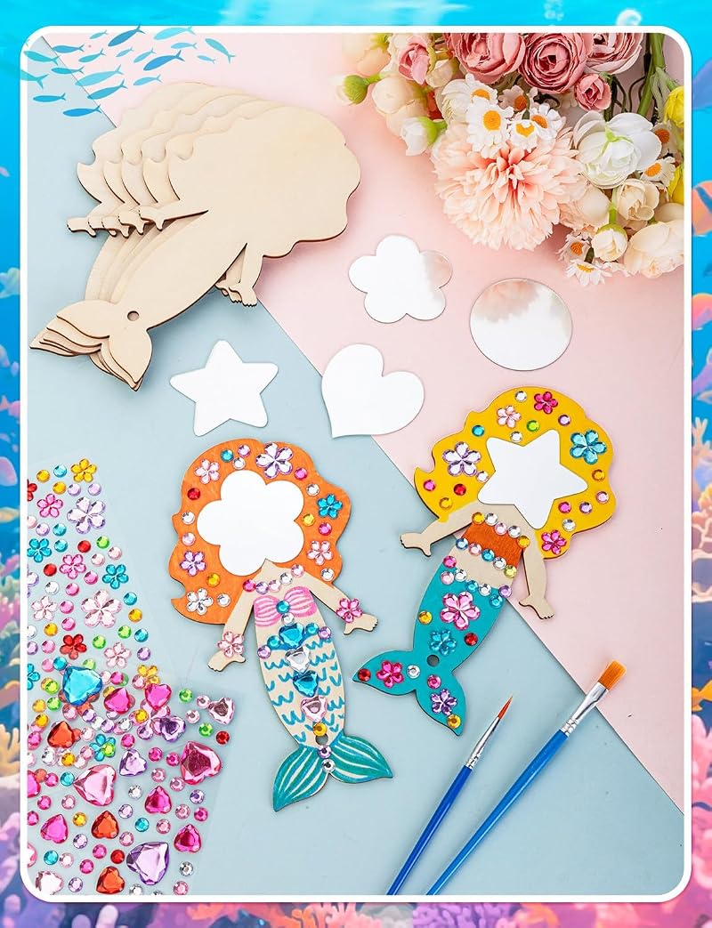 Mermaid Variation 16Pcs Wooden Princess Mirror Craft Party Favors for Kids DIY Decorate