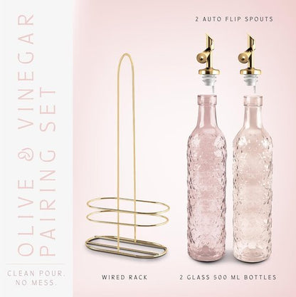 COOK WITH COLOR Glass Olive Oil Bottle Dispenser - 17oz Oil and Vinegar Cruet Set - Floral Pink Design