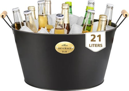 iHoo Large 5.5 Gallons Beverage Tubs for Parties, 21L Ice Bucket with Wooden Handles, Black Galvanized Tub, Ideal Party Tubs for Drinks
