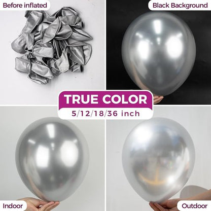 Bezente Metallic Silver Giant Balloons - 36 Inch Jumbo Chrome Silver Latex Balloons for Parties | 8 Pack