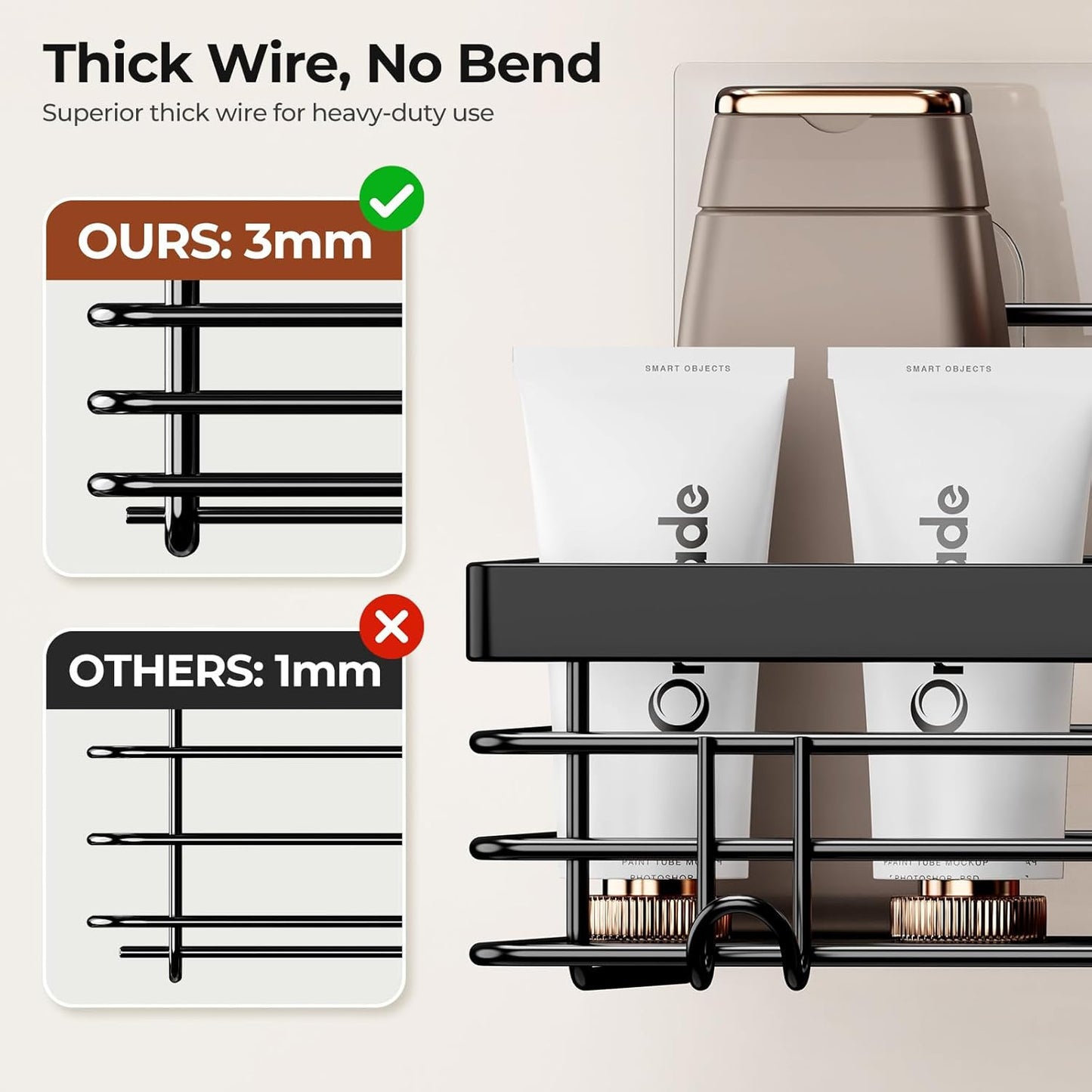 Orimade Adhesive Shower Caddy - Wall-Mounted Soap Dish Holder with 5 Hooks | Stainless Steel, Black - 3 Pack