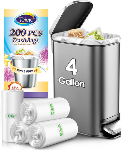 Teivio Small Trash Bags - 4 Gallon Garbage Bags | 200 Count Clear Bin Liners for Home & Office