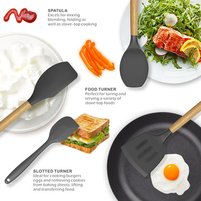 Oannao Silicone Cooking Utensils Set - 446°F Heat Resistant, BPA Free Kitchen Gadgets | Gray Color