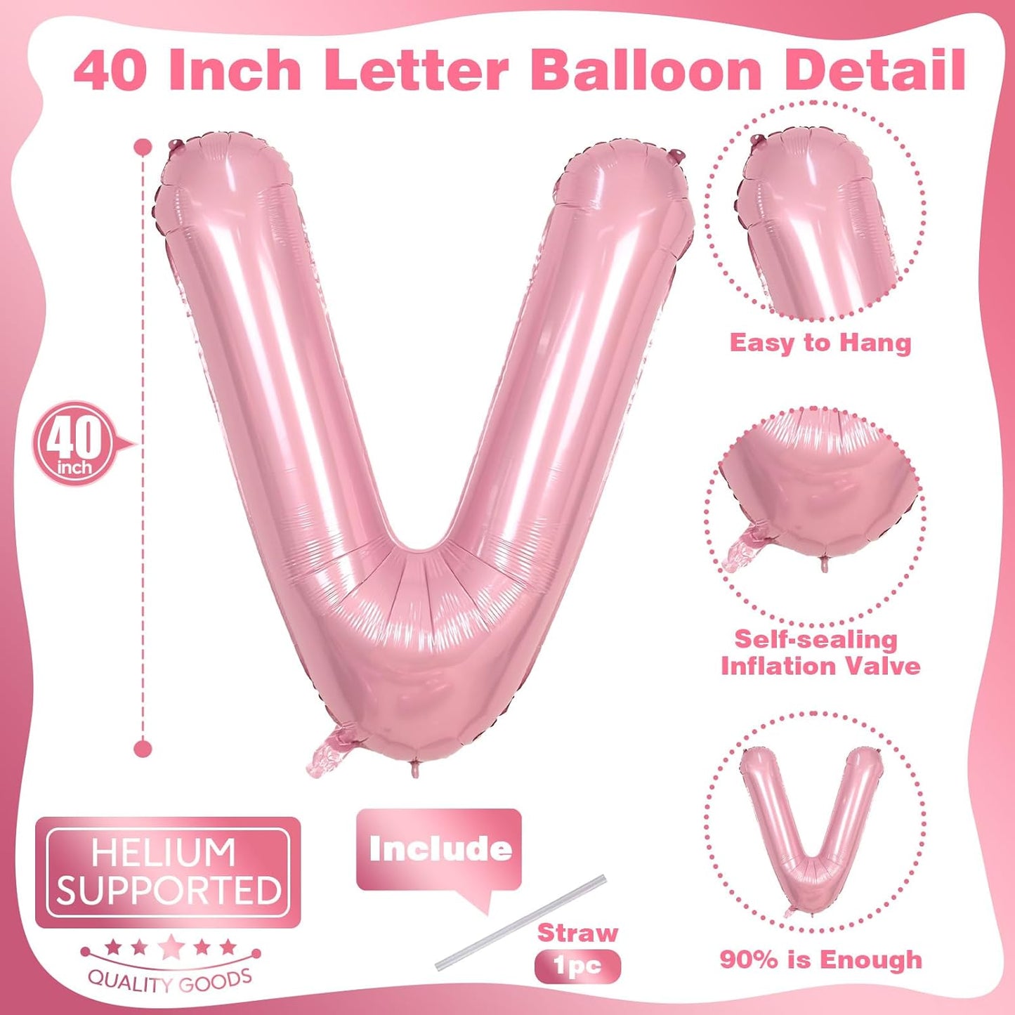 Skiennix 40-Inch Pastel Pink Letter V Balloon - Giant Custom Mylar Foil for Birthday Party Decor
