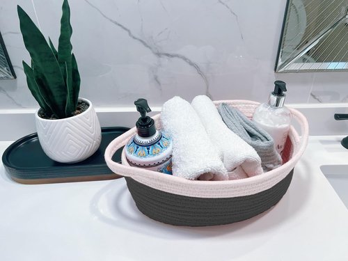 GiftExpress Gray & White Woven Gift Basket - 13" x 8" x 5" Cotton Rope Organizing Baskets for Baby Items or Cat & Dog Toys - Cute Soft Gift Storage Bin w/ Handles
