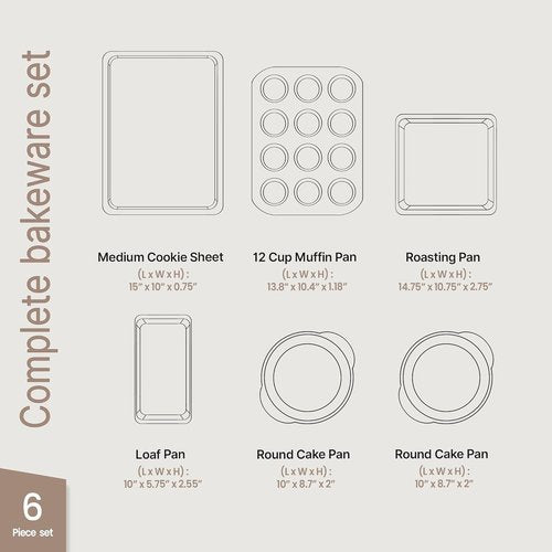 BAKKEN 6-Piece Baking Pan Set | Commercial Grade Carbon Steel, Nonstick & Space-Saving Design, Oven Safe Up to 450°F, Gray Marble