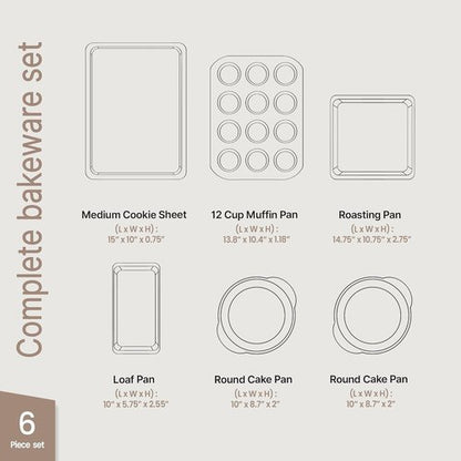 BAKKEN 6-Piece Baking Pan Set | Commercial Grade Carbon Steel, Nonstick & Space-Saving Design, Oven Safe Up to 450°F, Gray Marble