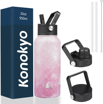 Skiennix 32 Oz Insulated Water Bottle - Stainless Steel Sport Bottle with 3 Lids | Marble Blossom