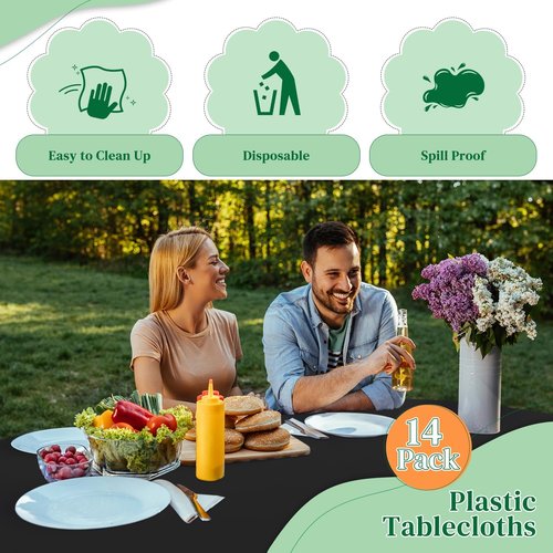 Black 14-Pack Plastic Tablecloths by [Brand Name] - 84-Inch Disposable Round Party Covers