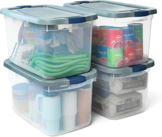 Rubbermaid Roughneck 66 Qt Storage Containers - Pack of 4 with Latching Grey Lids | Sturdy & Stackable Design