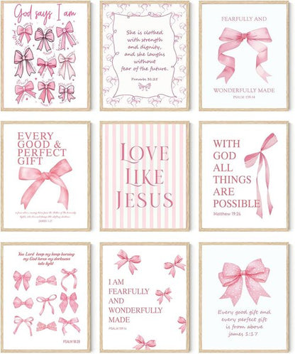 Coquette Pink Bow Wall Art - Inspirational Bible Verses Canvas Prints | 8x10 Unframed Decor for Teen Girls