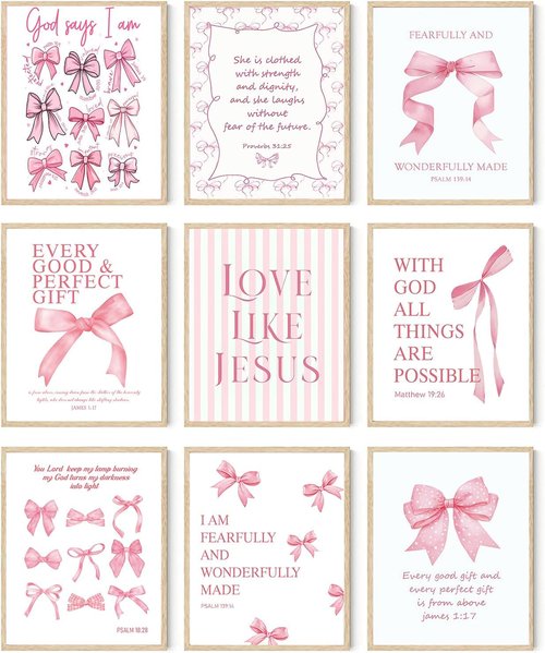 Coquette Pink Bow Wall Art - Inspirational Bible Verses Canvas Prints | 8x10 Unframed Decor for Teen Girls