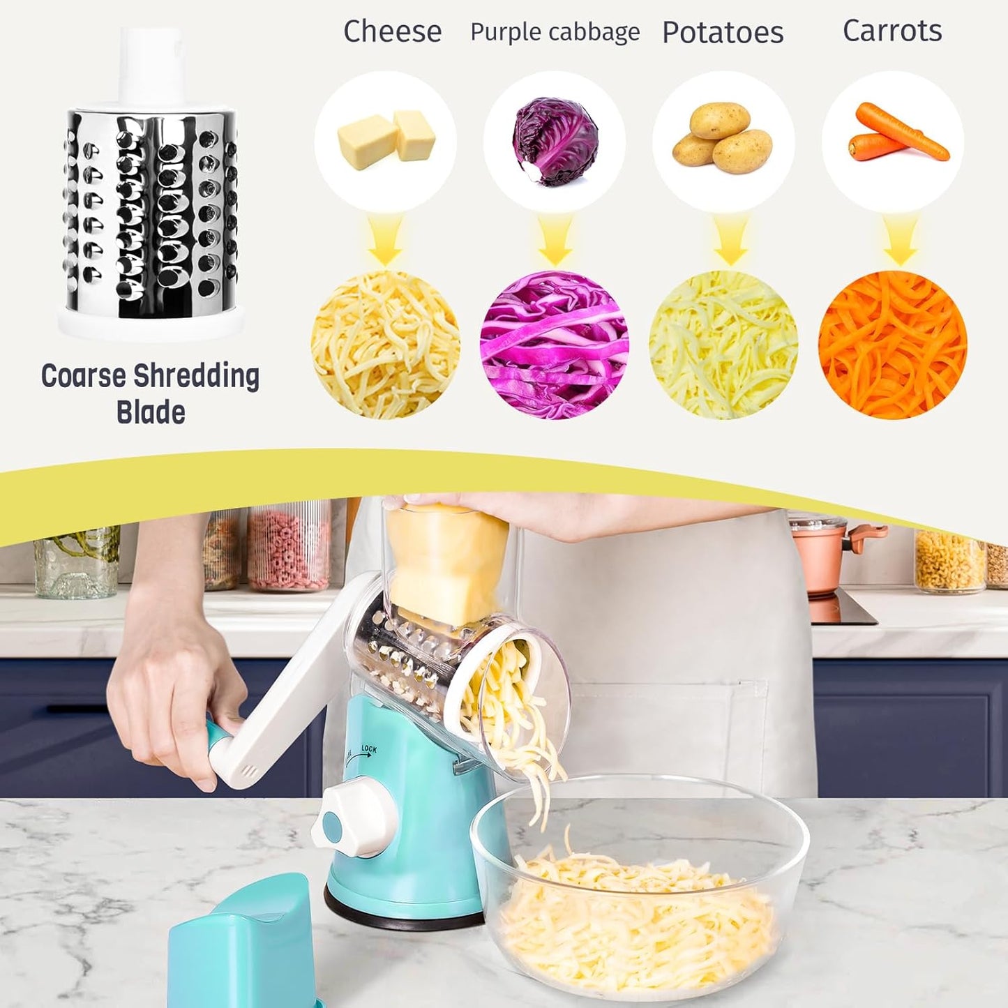 X Home Rotary Cheese Grater - 3 Interchangeable Blades for Easy Shredding | Kitchen Tool in Blue