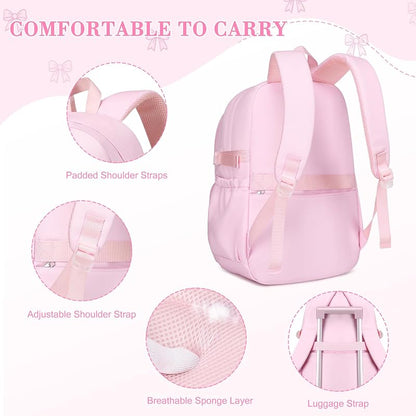 Embroidered 3Pcs Girls Backpack Set with Lunch Bag - Pink Bow Variation