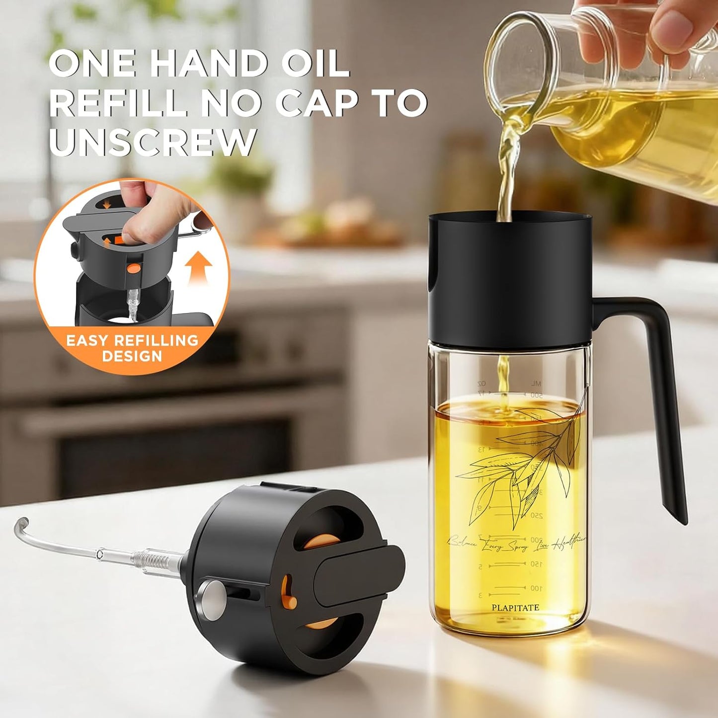 PLAPITATE Premium Olive Oil Sprayer - 2-in-1 Glass Dispenser with Portion Control | 17oz/500ml Black