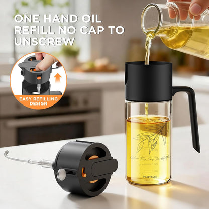 PLAPITATE Premium Olive Oil Sprayer - 2-in-1 Glass Dispenser with Portion Control | 17oz/500ml Black